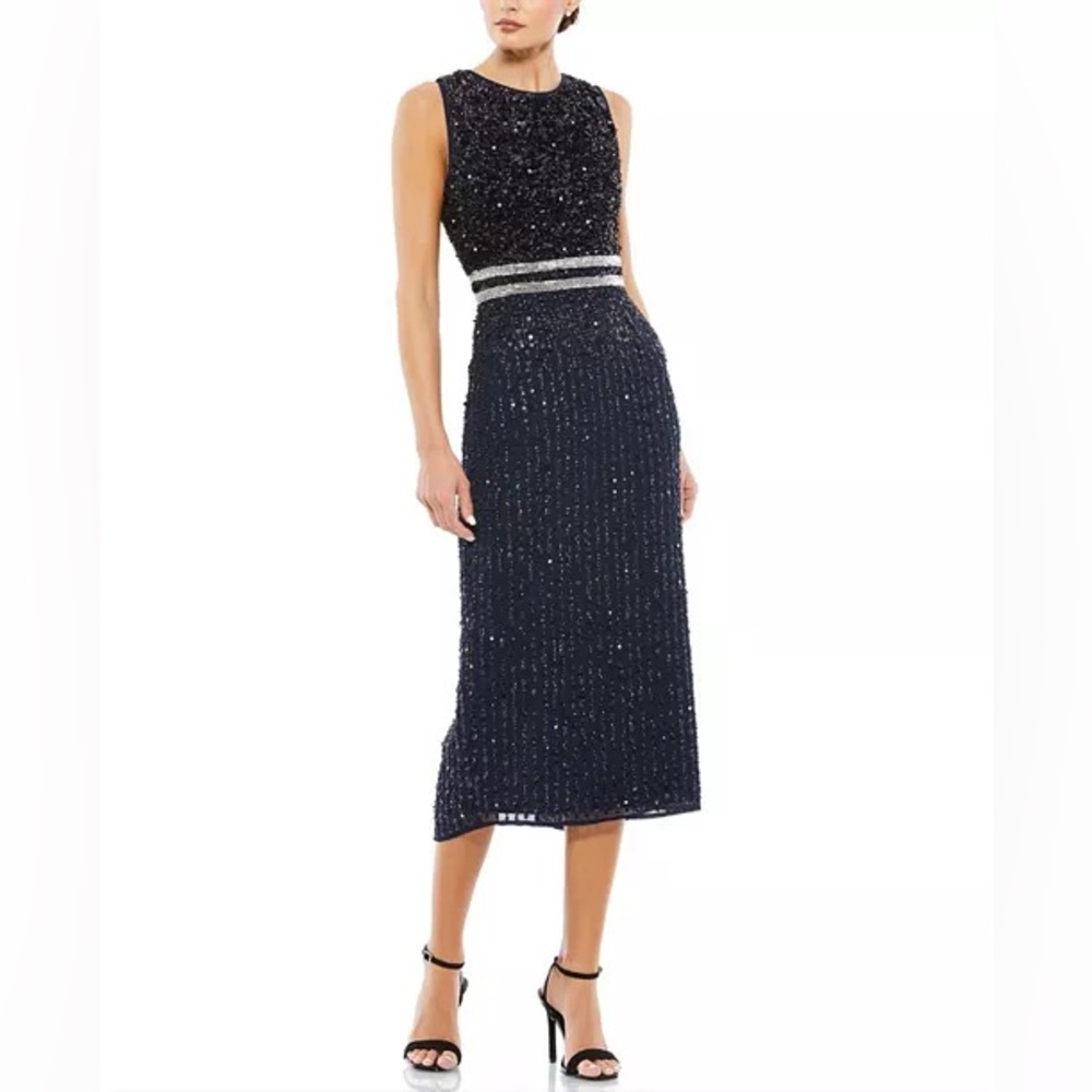 NWT Mac Duggal Navy Sleeveless High Neck Embellished Midi Dress 10509 Size 16